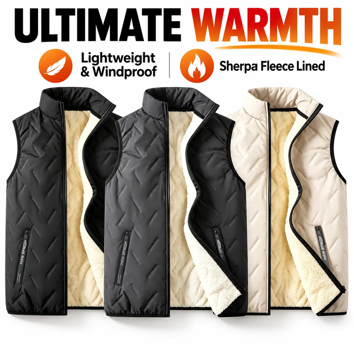 Men's Fleece-Lined Winter Vest with Stand-Up Collar