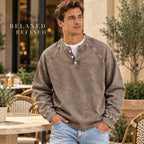 Men's Vintage Washed 3-Button Henley Long Sleeve Plain Pullover, Soft Polyester Oversized Relaxed-Fit Men's Clothing, Dark Brown Casual Streetwear, Dry Clean Compatible Stand Collar Shirt, Everyday Wear Outfits Ribbed Tshirt Wetsuit Menswear Beige Top