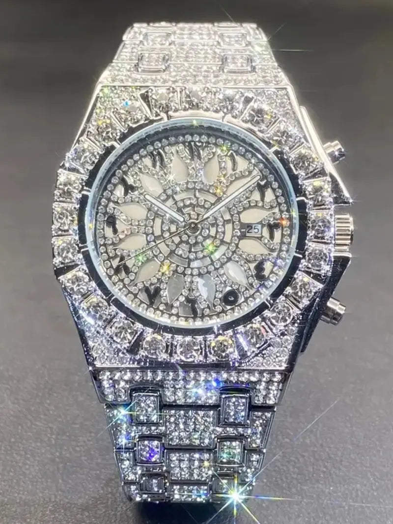 Men's Rhinestone Quartz Watch with Iced Dial