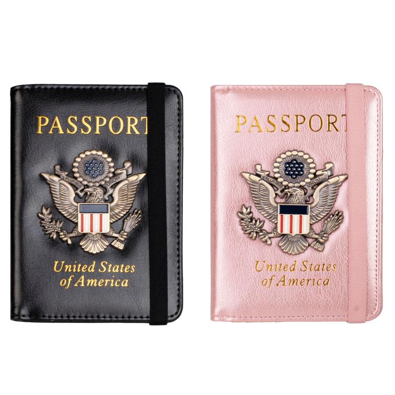 RFID Blocking Passport Holder for Women Men, Leather Passport Travel Wallet with Metal 3D Metal Badge, Travel Document Holder Cover Accessories (Dark Blue)