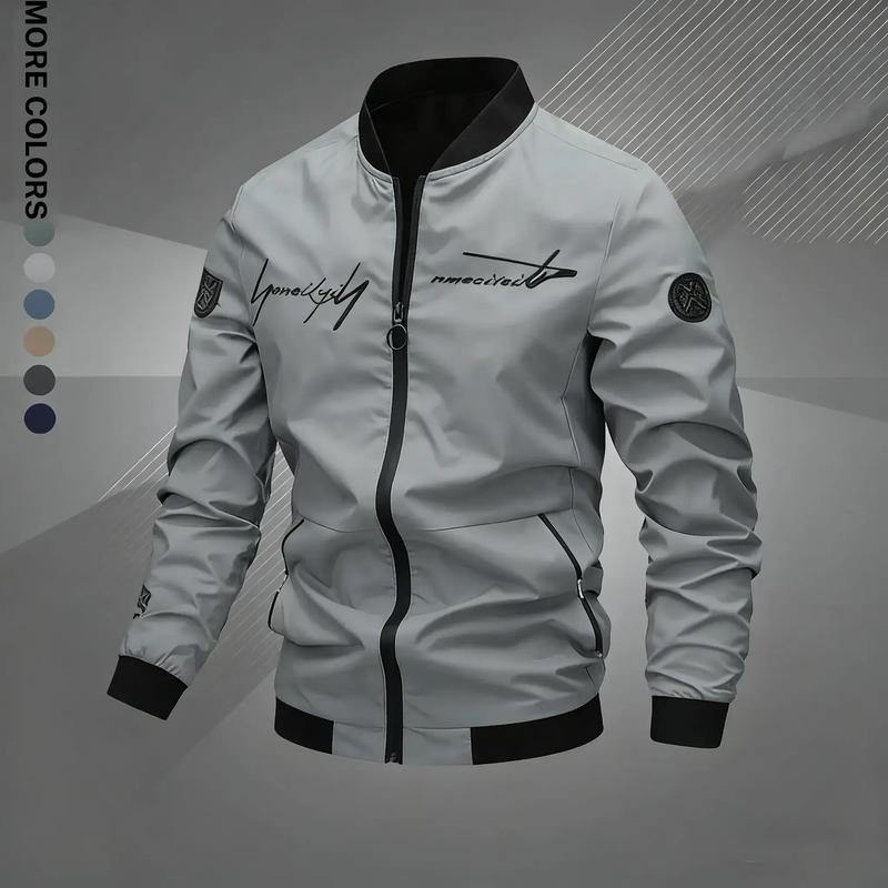 Men's Zip-Up Pilot Jacket - Sporty Chic Fitted Long-Sleeve Polyester Outerwear with Pockets, Letter Embroidery, Machine Washable Zip Up Sportswear for Casual Use