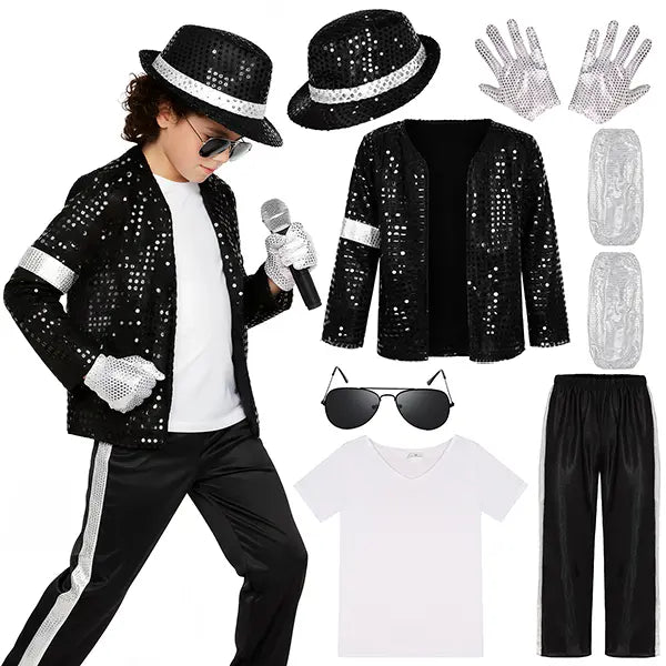 Boys' 80s-90s Pop Dance Costume Full Set - Polyester Sequins Criss Cross Striped T-Shirt & Pants, Sunglasses Included, Costumes with Accessories for Halloween, Cosplay Gear, 4-5/13-14Y Halloween Aesthetic Outfit