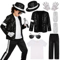 Boys' 80s-90s Pop Dance Costume Full Set - Polyester Sequins Criss Cross Striped T-Shirt & Pants, Sunglasses Included, Costumes with Accessories for Halloween, Cosplay Gear, 4-5/13-14Y Halloween Aesthetic Outfit
