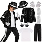 Boys' 80s-90s Pop Dance Costume Full Set - Polyester Sequins Criss Cross Striped T-Shirt & Pants, Sunglasses Included, Costumes with Accessories for Halloween, Cosplay Gear, 4-5/13-14Y Halloween Aesthetic Outfit