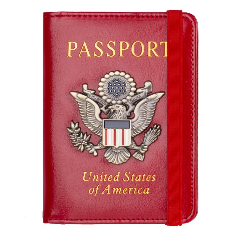 RFID Blocking Leather Passport Holder with 3D Metal Badge for Men and Women