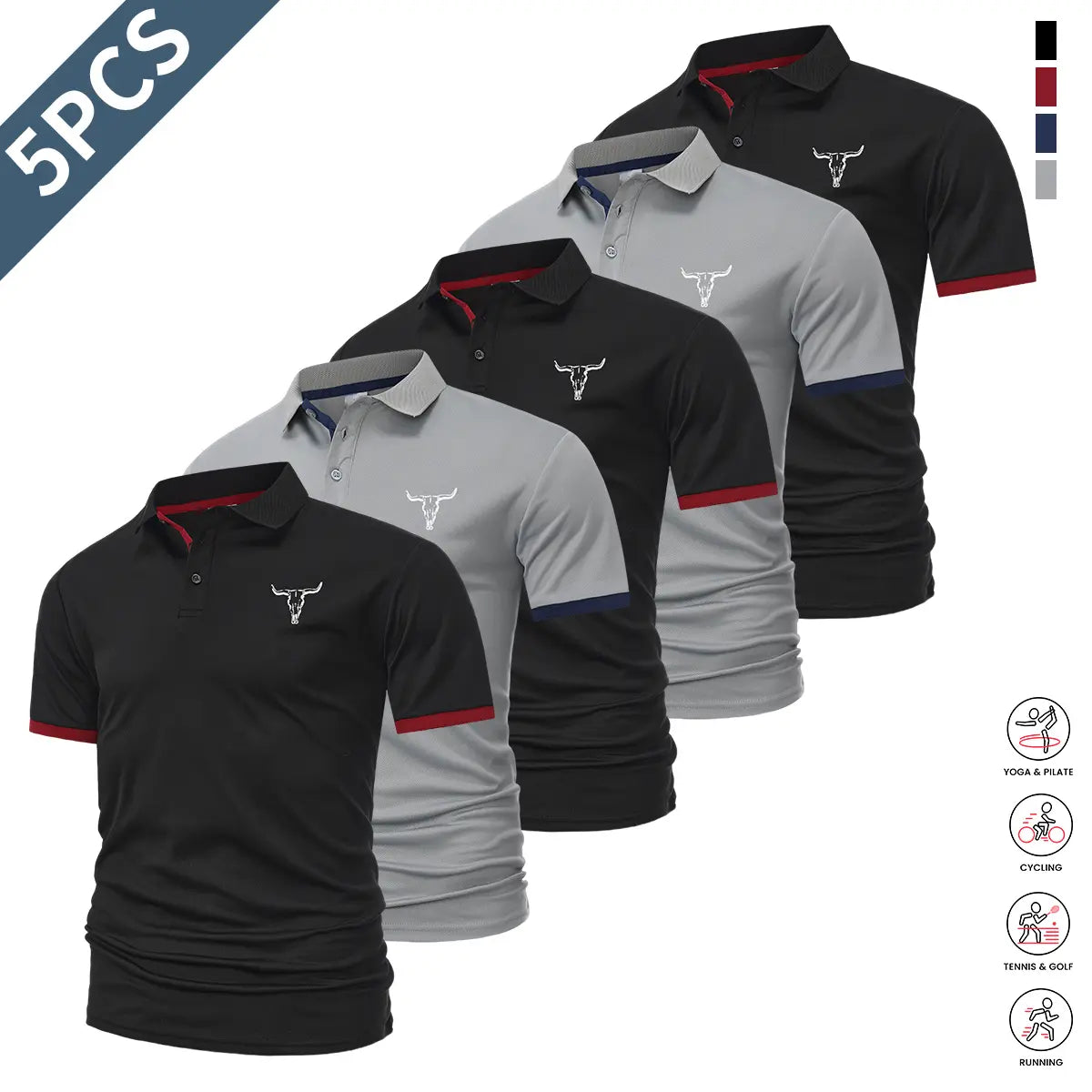 5-piece set: casual men’s short-sleeve polo shirt, quick-dry golf and tennis shirts, comfortable riding apparel, fashionable men’s sportswear; suitable for casual gatherings and holiday travel; contrast design at the neckline and sleeves.