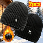 2‑Pack Men Winter Fleece Lined Knit Beanie Hat, Thick Cuffed Skull Cap for Large Head, Warm Thermal Hat for Cycling Skiing Outdoor Daily Wear