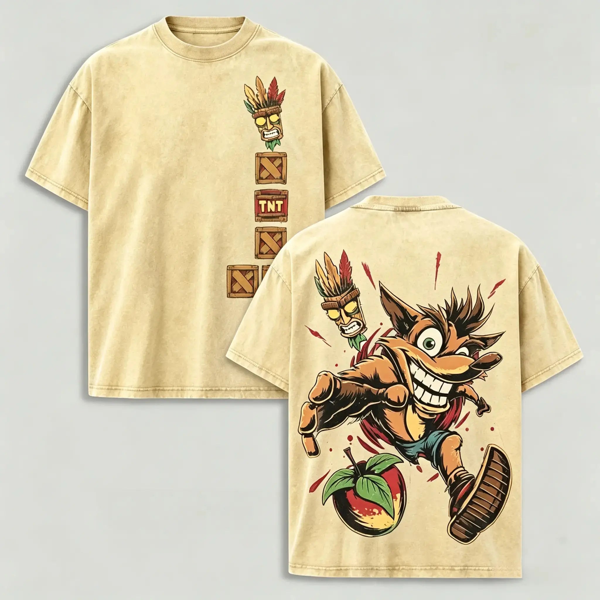 Men's Vintage 90s Crash Bandicoot Oversized Heavyweight Cotton Short-Sleeve Tee - Aku Aku Mask Graphic, Retro Platform Game Streetwear, Cotton Graphic Tees for Gaming Fans, Shortsleeve