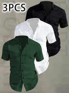 3pcs Men's Summer Lightweight Casual Button-Up Shirts with Stand Collar