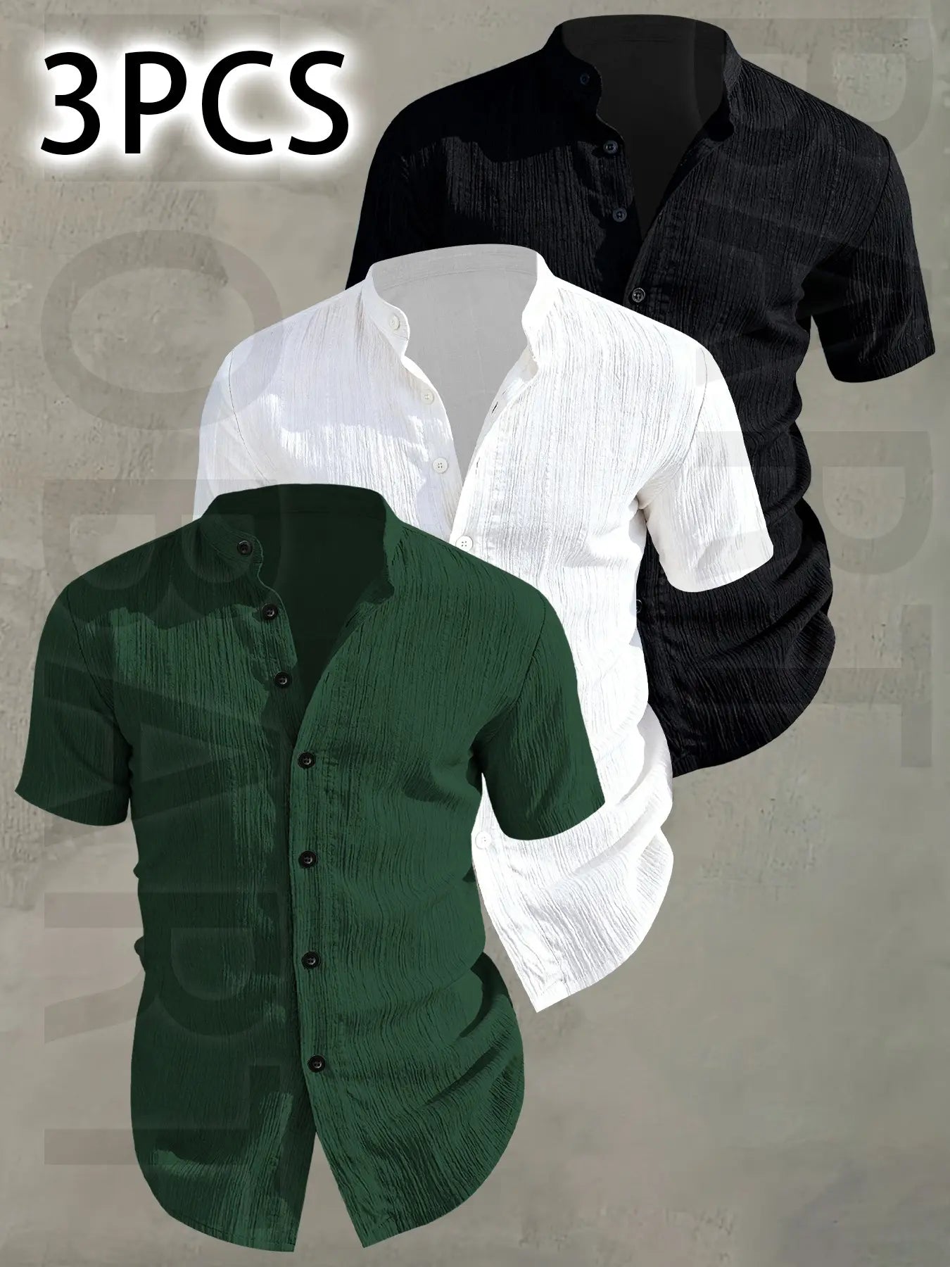 3pcs Men's Summer Lightweight Casual Button-Up Shirts with Stand Collar