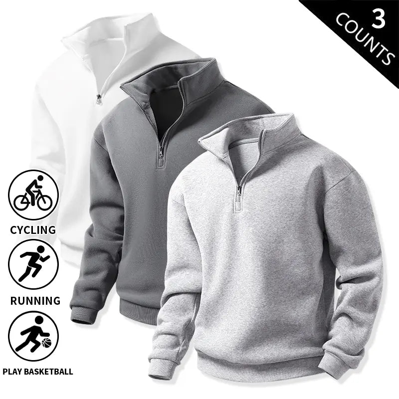 Men’s 3-Pack Quarter-Zip Fleece Sweatshirts, Soft Stand-Collar Loose-Fit Athletic Long-Sleeve Pullover Tops