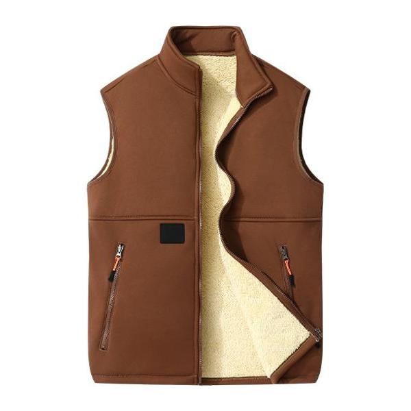 Men’s winter fleece-lined warm vest, sleeveless with full zipper closure and zippered pockets, available in multiple colors.