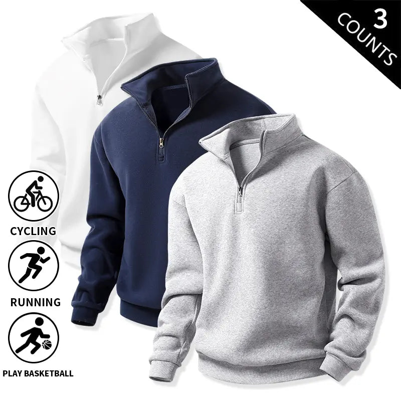 Men’s 3-Pack Quarter-Zip Fleece Sweatshirts, Soft Stand-Collar Loose-Fit Athletic Long-Sleeve Pullover Tops