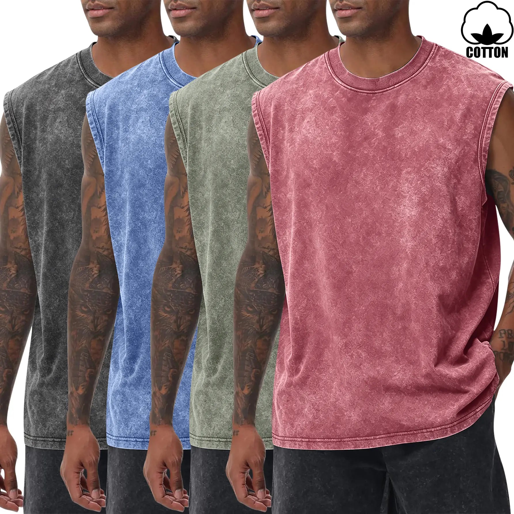 4-Pack Men's Vintage Acid Wash Tank Tops: Lightweight Casual Gym Vests