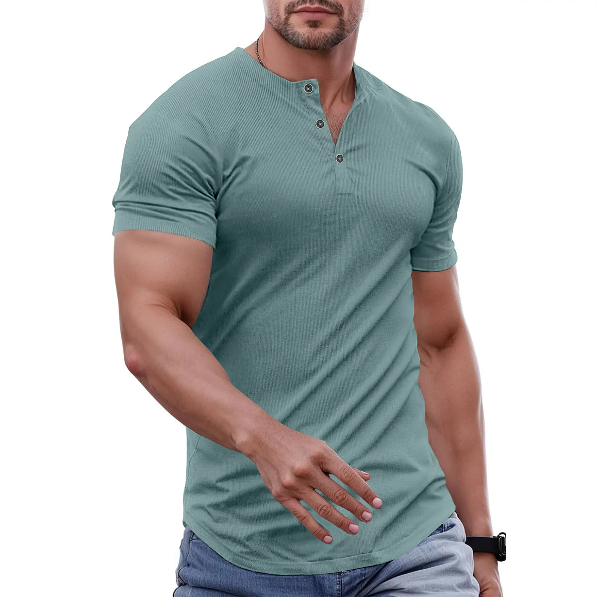Men's Slim Fit Henley Athletic Longline Workout T-Shirt Heavyweight Stretch