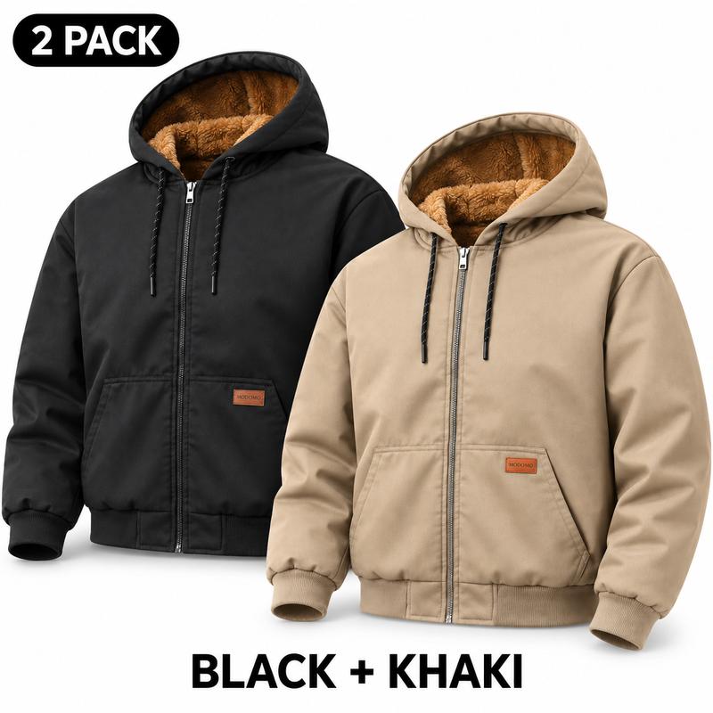 Men’s Fleece-Lined Hooded Winter Coat - Menswear Outerwear with Full Zipper, Windproof Design, Pockets, Plain Stylish Minimalist Look, 3 Colors, Ideal for Cold Weather Everyday Wear