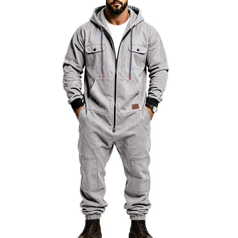 Men’s Hooded Cargo Jumpsuit for Men, Multi-Pocket Zip Front Workwear Coveralls, Relaxed Fit Long Sleeve Utility One Piece Outfit, Outdoor Work Hiking Camping Travel Streetwear Casual Overall with Elastic Cuffs and Drawstring Hood