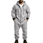 Men’s Hooded Cargo Jumpsuit for Men, Multi-Pocket Zip Front Workwear Coveralls, Relaxed Fit Long Sleeve Utility One Piece Outfit, Outdoor Work Hiking Camping Travel Streetwear Casual Overall with Elastic Cuffs and Drawstring Hood