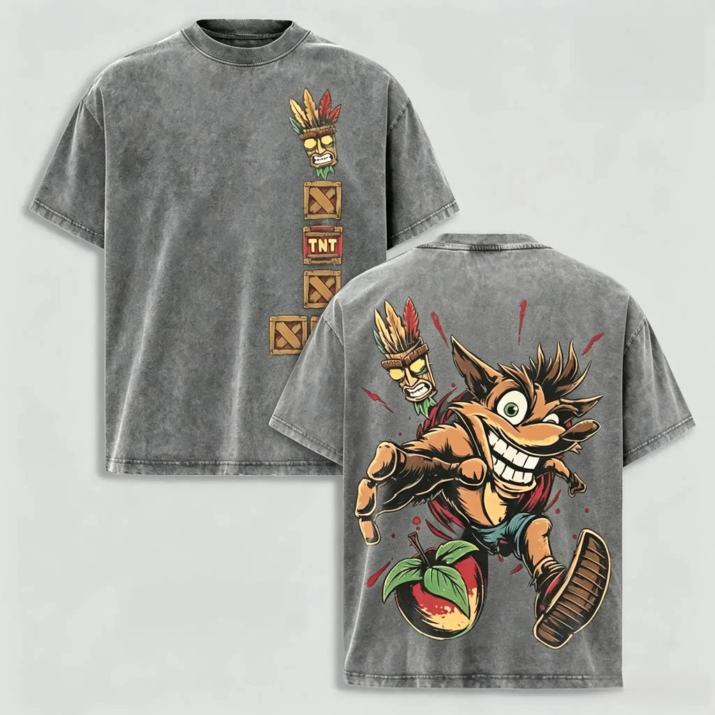 Men's Vintage 90s Crash Bandicoot Oversized Heavyweight Cotton Short-Sleeve Tee - Aku Aku Mask Graphic, Retro Platform Game Streetwear, Cotton Graphic Tees for Gaming Fans, Shortsleeve