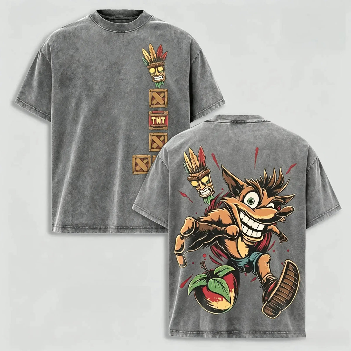 Men's Vintage 90s Crash Bandicoot Oversized Heavyweight Cotton Short-Sleeve Tee - Aku Aku Mask Graphic, Retro Platform Game Streetwear, Cotton Graphic Tees for Gaming Fans, Shortsleeve