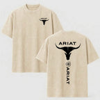Western Style Bull Skull Graphic T-Shirt, Vintage Mineral Wash Cotton Tee