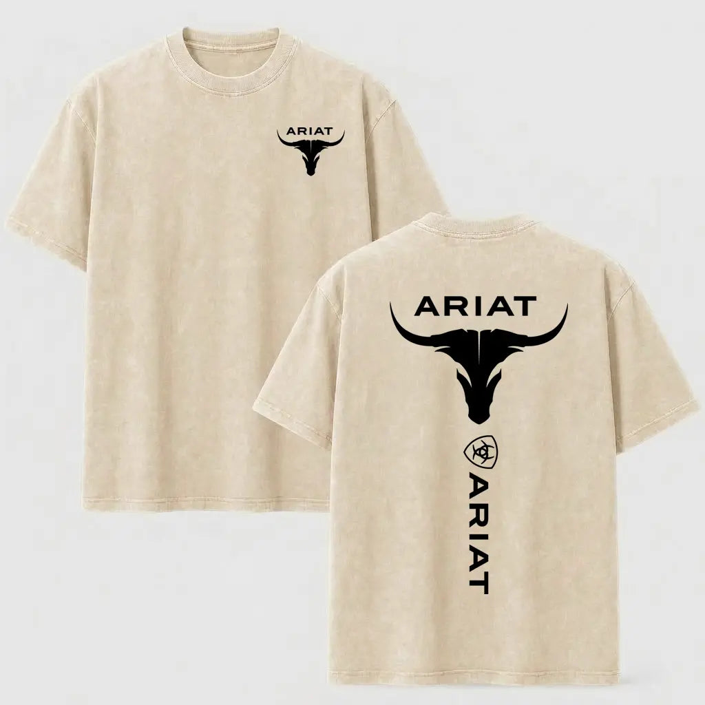 Western Style Bull Skull Graphic T-Shirt, Vintage Mineral Wash Cotton Tee