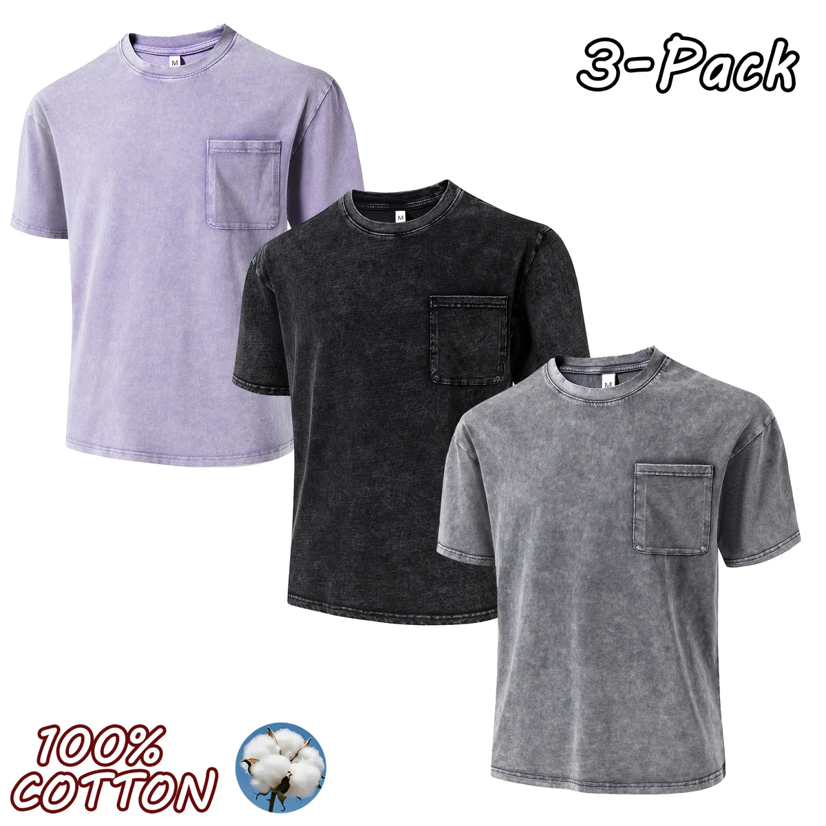 4-Pack Men's Vintage Washed 100% Cotton Crew-Neck T-Shirts
