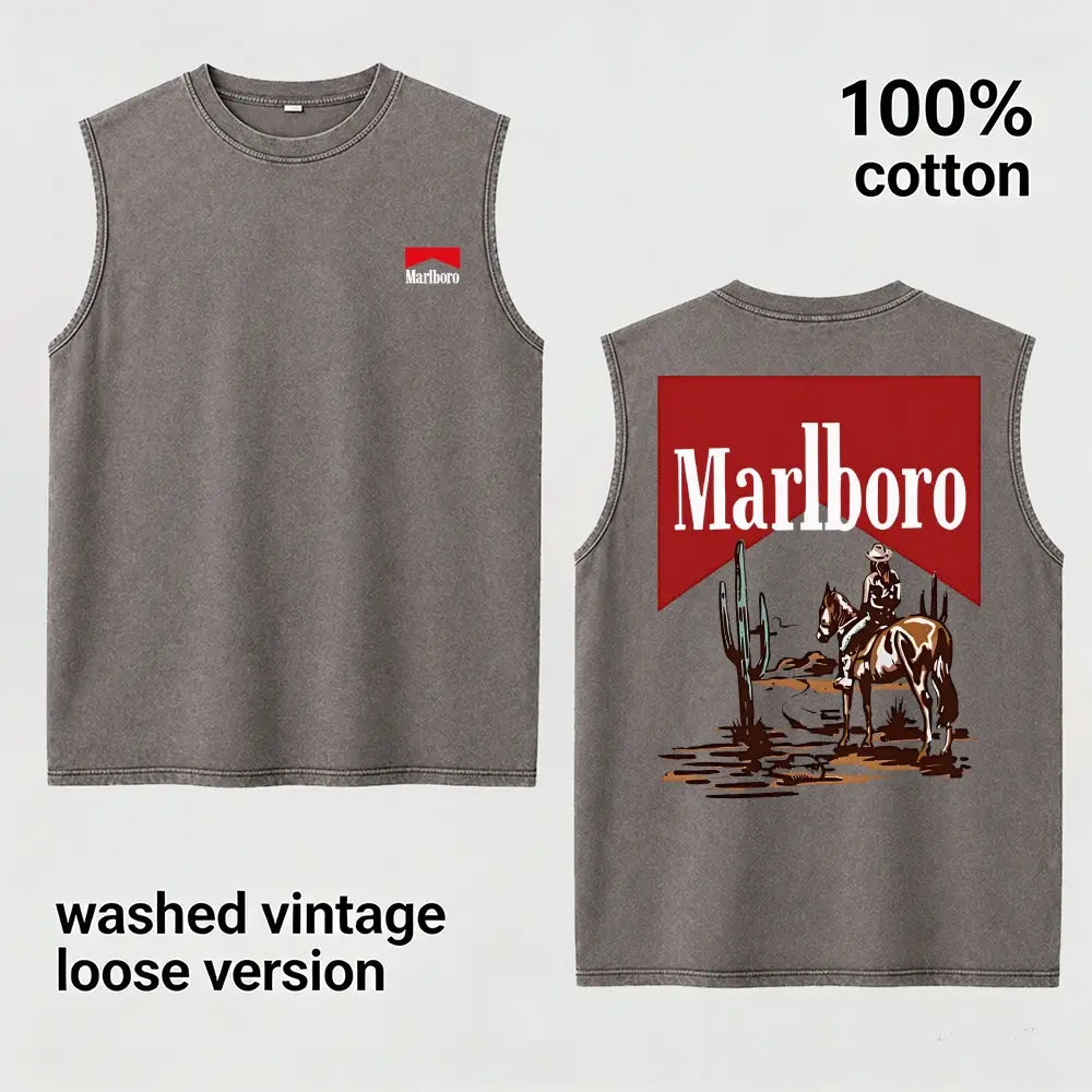 Vintage Washed Western Cowboy Sleeveless Tank Top for Men Women, 100% Cotton Oversized Desert Horse Rider Graphic Muscle Shirt, Retro Ranch Style Streetwear Tee, Casual Summer Gym Shirt, Gift for Boyfriend Husband Dad Country Fans