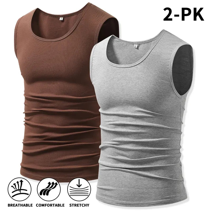 Men 4Pack Cotton Muscle Tank Tops Comfort Stretchy Breathable Summer Workout Sleeveless Sports Undershirts (optional sets of 4 or 2) High Elasticity Lifestyle Beater