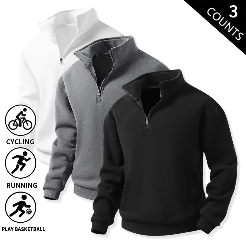 Men’s 3-Pack Quarter-Zip Fleece Sweatshirts, Soft Stand-Collar Loose-Fit Athletic Long-Sleeve Pullover Tops