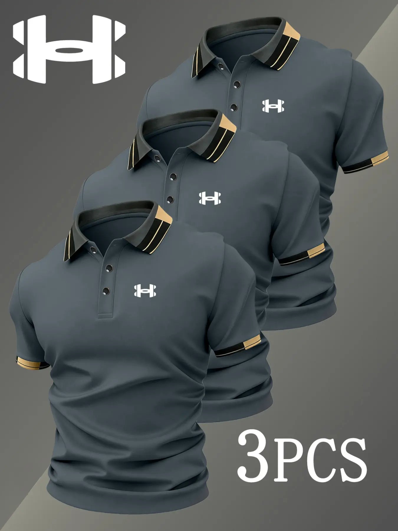 Men's Golf Polo Shirts Set, Fashion Logo Print, Fitted Trendy Casual Geometric Pattern, Breathable Stretchy Fabric, All-Season Comfort, Short Sleeve Polo, Collared Polo Shirts