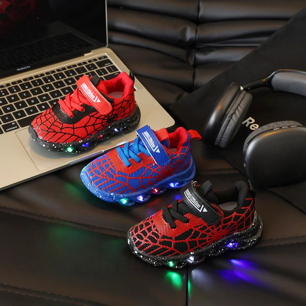 Boys' Spiderman LED Light-Up Sneakers, Breathable Mesh Shoes with Soft Sole for Daily School & Outdoor Wear