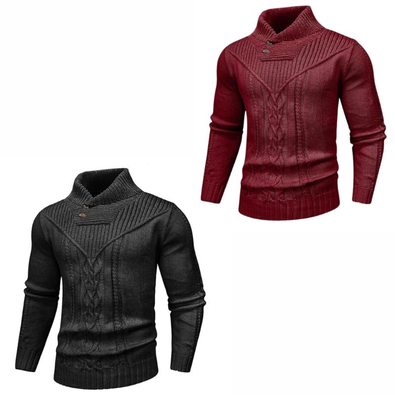 Wizoat Men's Clothing Long Sleeve Shawl Collar Cable Knit Button Fit Knitted Pullover Knitwear - Plain Black, Soft, Relaxed-Fit, Ribbed Cuffs Casual Top, Warm Fall Winter Layer for Daily Office, Matches Shirts Jeans, Hand Wash,sohochic