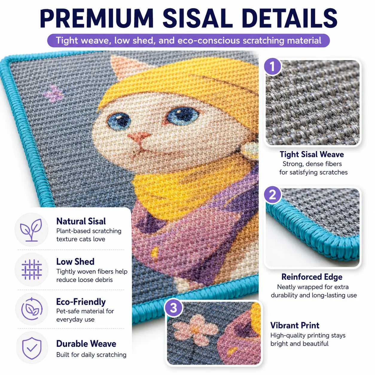 Premium Natural Sisal Cat Scratcher Mat - Indoor Cats Vertical Scratcher, Wall-Mounted Self-Adhesive Pad with Hanging Toy, Furniture Protector for Sofa, Door, Natural Sisal Scratcher