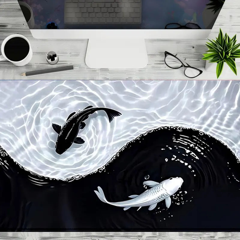 Extra Large Yin Yang Koi Waves Gaming Mouse Pad Desk Mat 35 x 16 Inches with Non-Slip Rubber Base and Durable Stitched Edge, Desktop Accessory, Desk Accessories, Perfect Gift for Home and Office, Christmas