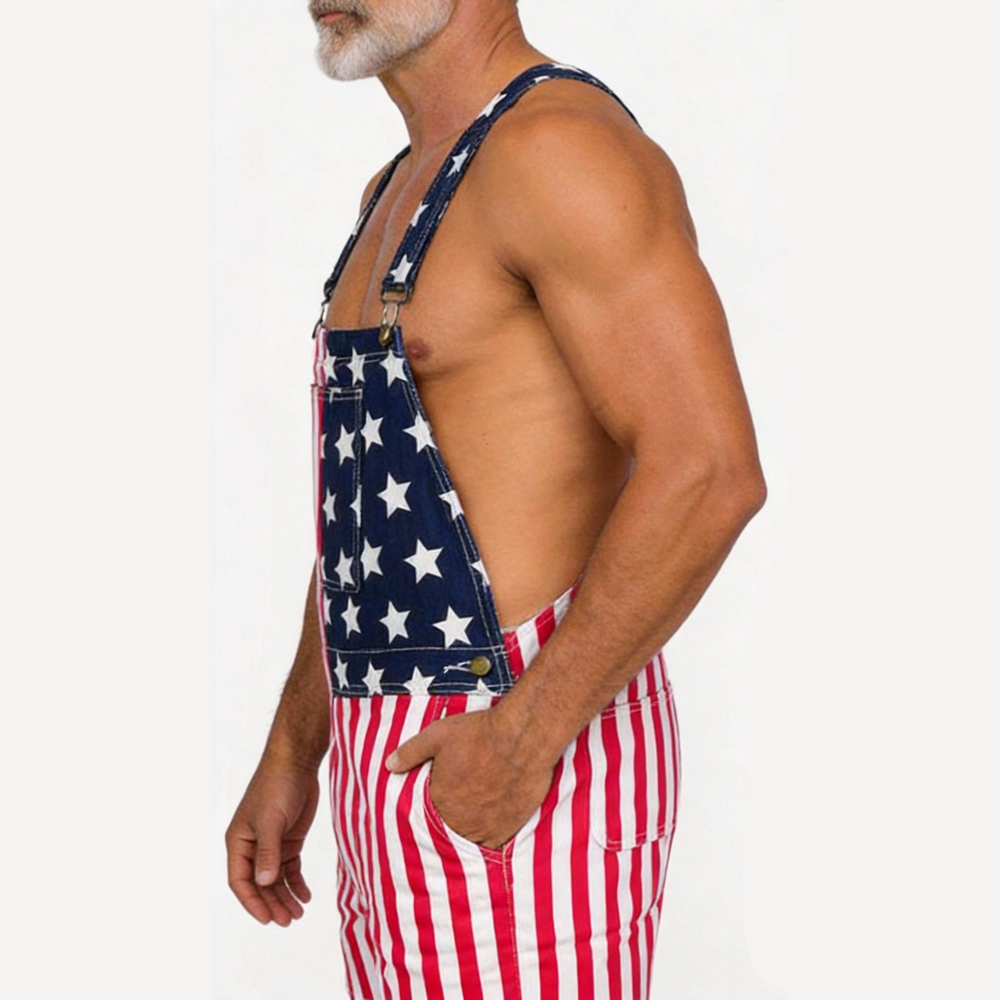 American Flag Overalls for Men and Women, Unisex Bib Pants with Soft Stretch Fabric, Breathable Summer Streetwear Outfit for Independence Day, Memorial Day, National Holiday Festivals, Parades, Parties and Casual Vacation Wear