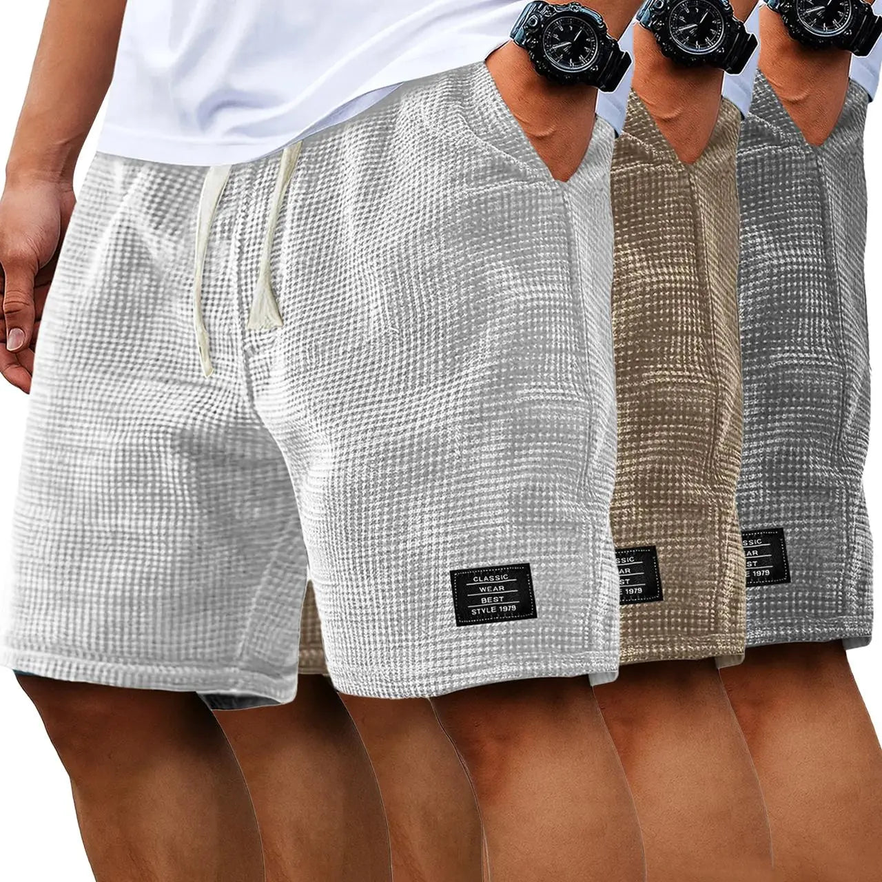 Men's 2-Pack Waffle Casual Shorts (Loose Fit, Solid Color)