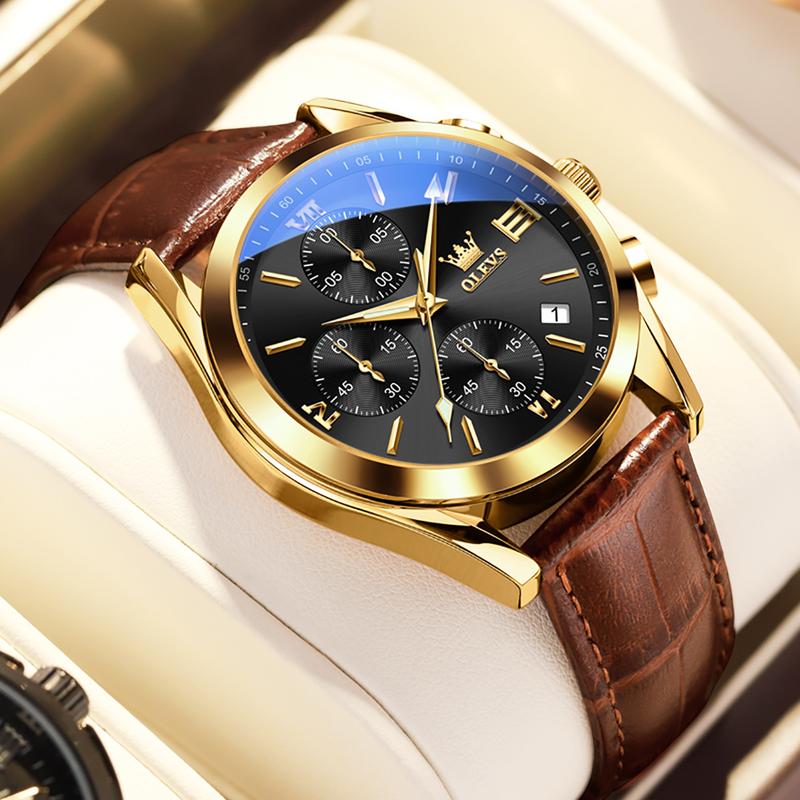 OLEVS Men's Chronograph Watch with Leather Strap, Luminous Hands and Gold Case for Daily Wear