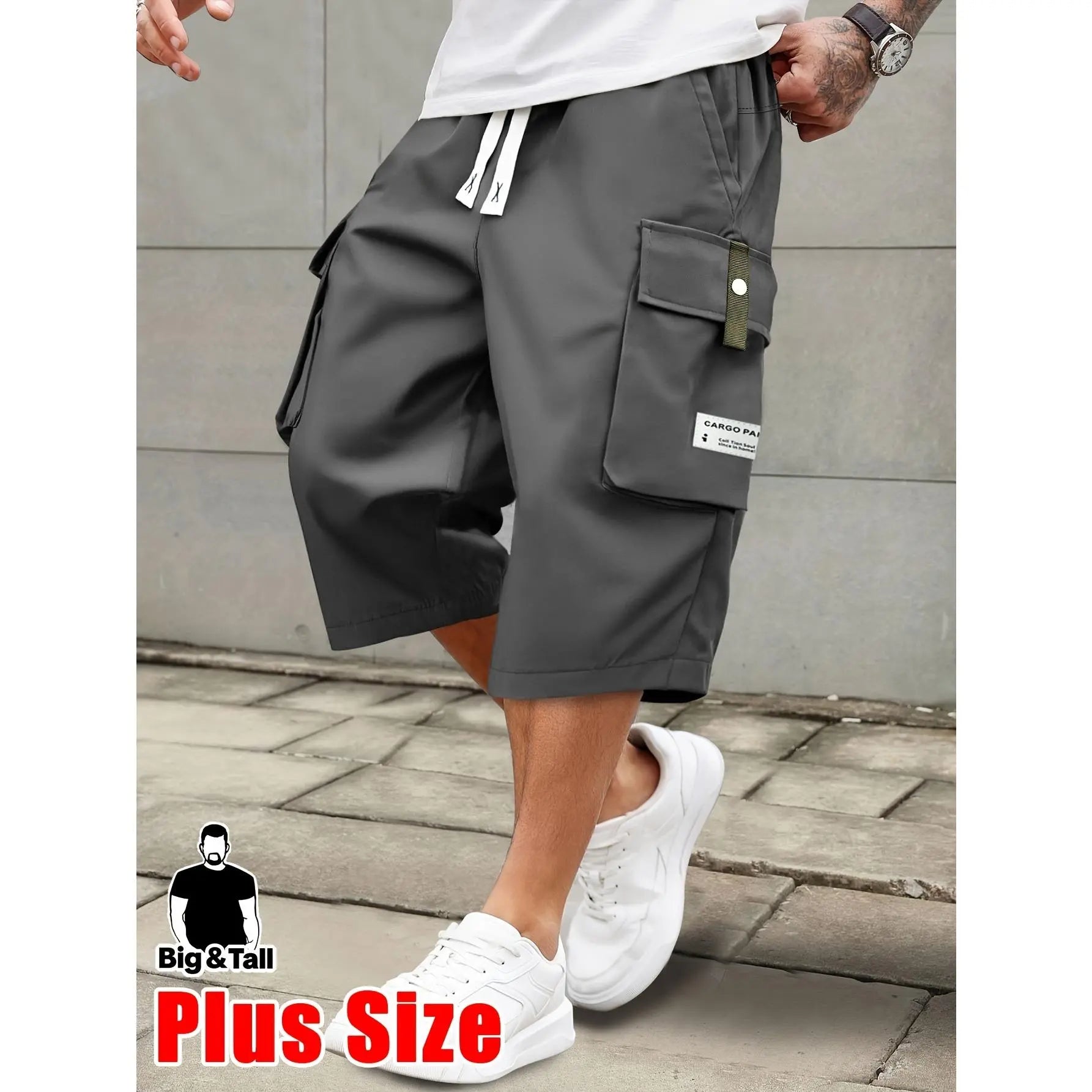 Men's Plus Size Cargo Shorts - Elastic Drawstring Waist & Multi-Pockets