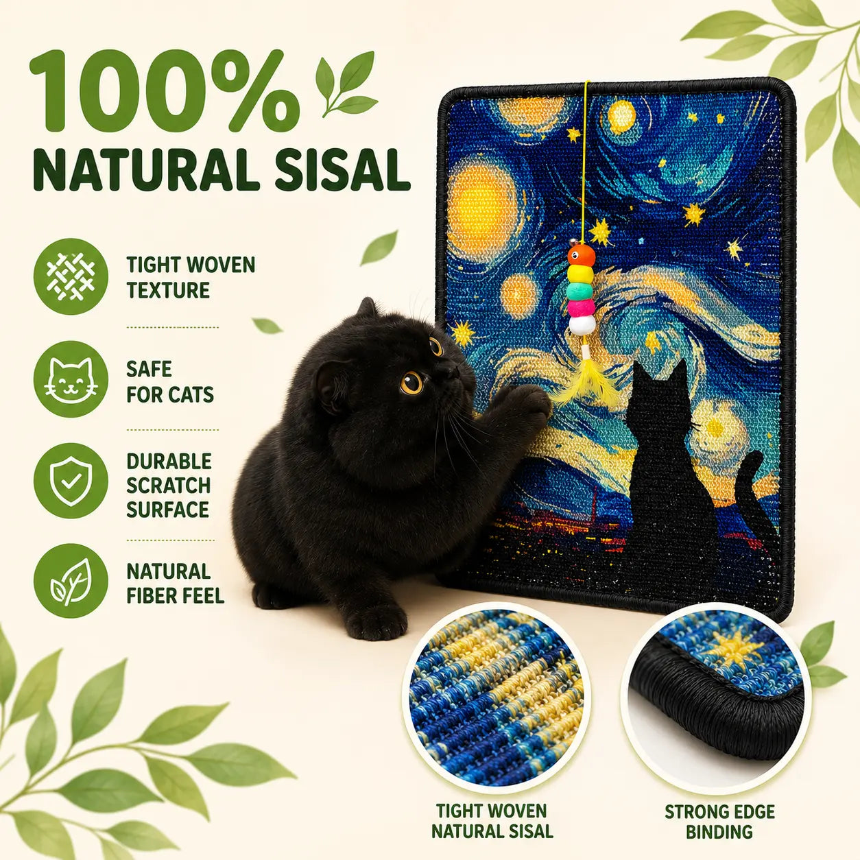 Premium Natural Sisal Cat Scratcher Mat - Indoor Cats Vertical Scratcher, Wall-Mounted Self-Adhesive Pad with Hanging Toy, Furniture Protector for Sofa, Door, Natural Sisal Scratcher