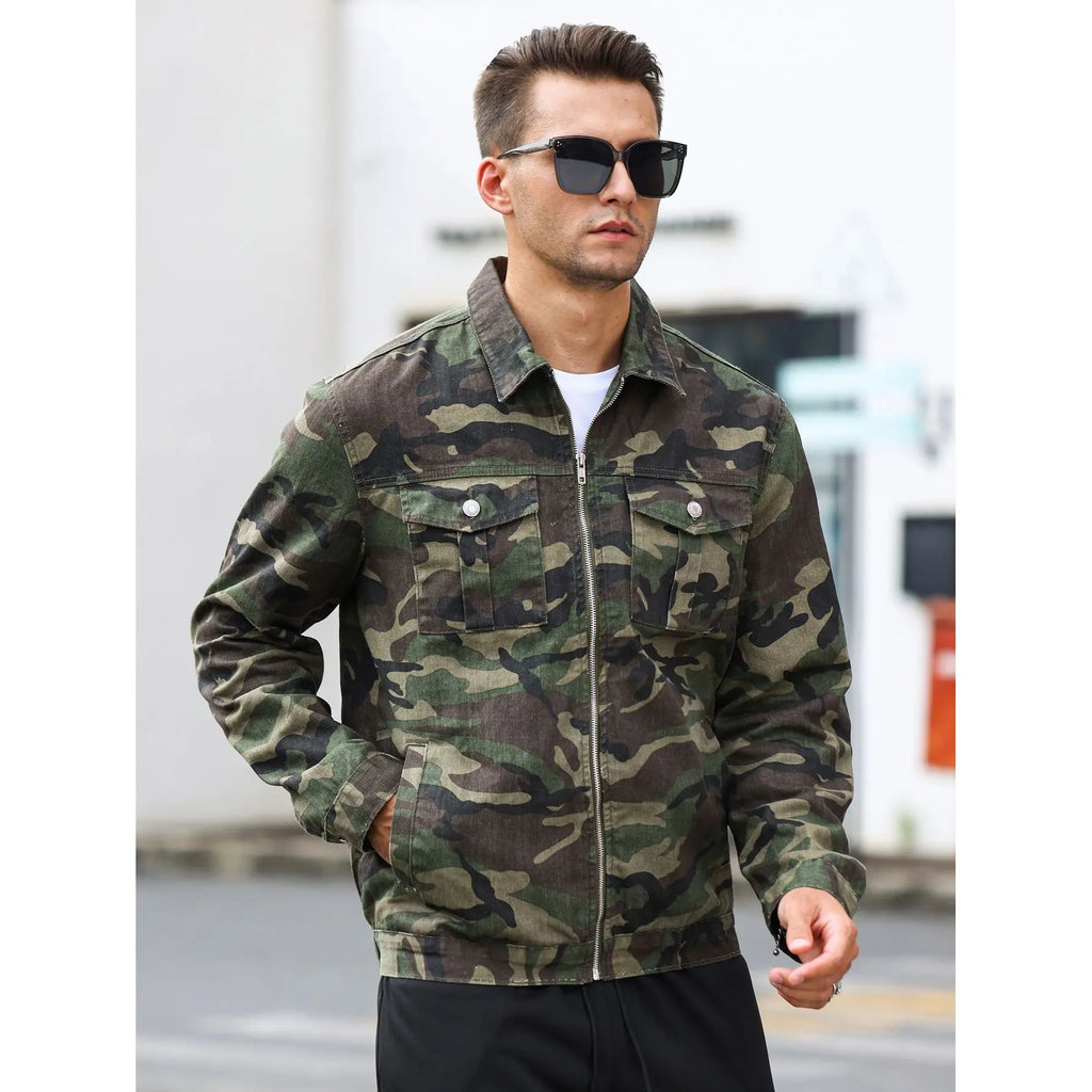 Men's Military Style Camouflage Zip-Up Jacket with Chest Pockets