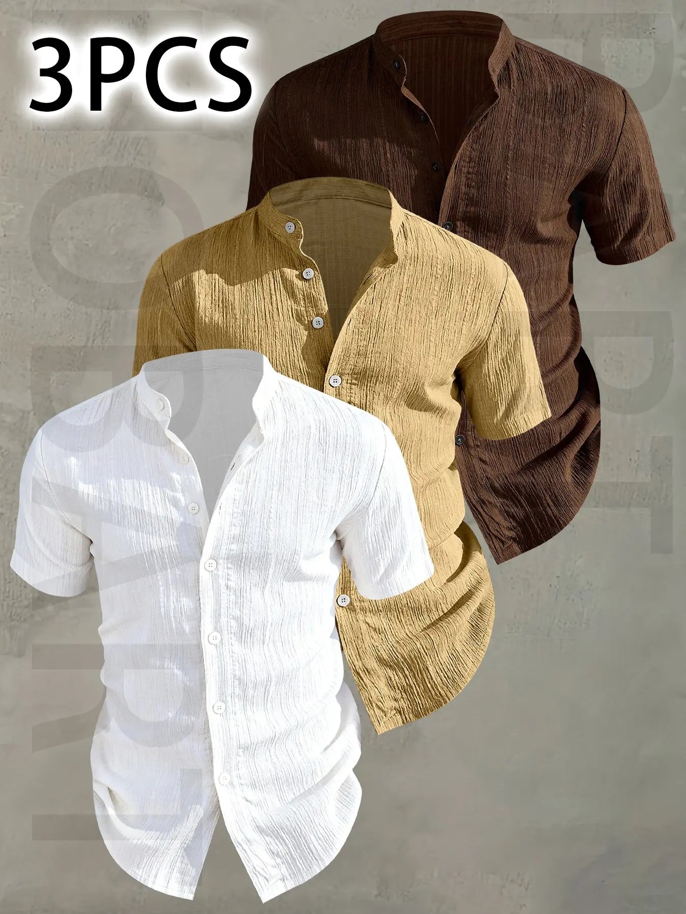 3pcs Men's Summer Lightweight Casual Button-Up Shirts with Stand Collar
