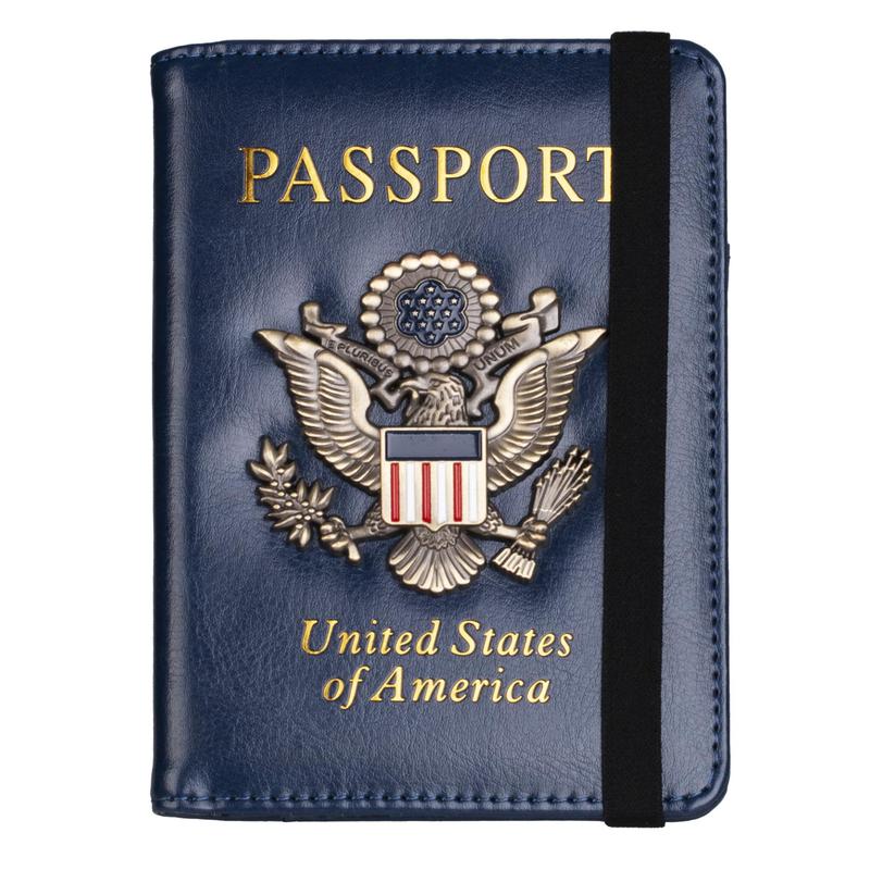 RFID Blocking Passport Holder for Women Men, Leather Passport Travel Wallet with Metal 3D Metal Badge, Travel Document Holder Cover Accessories (Dark Blue)