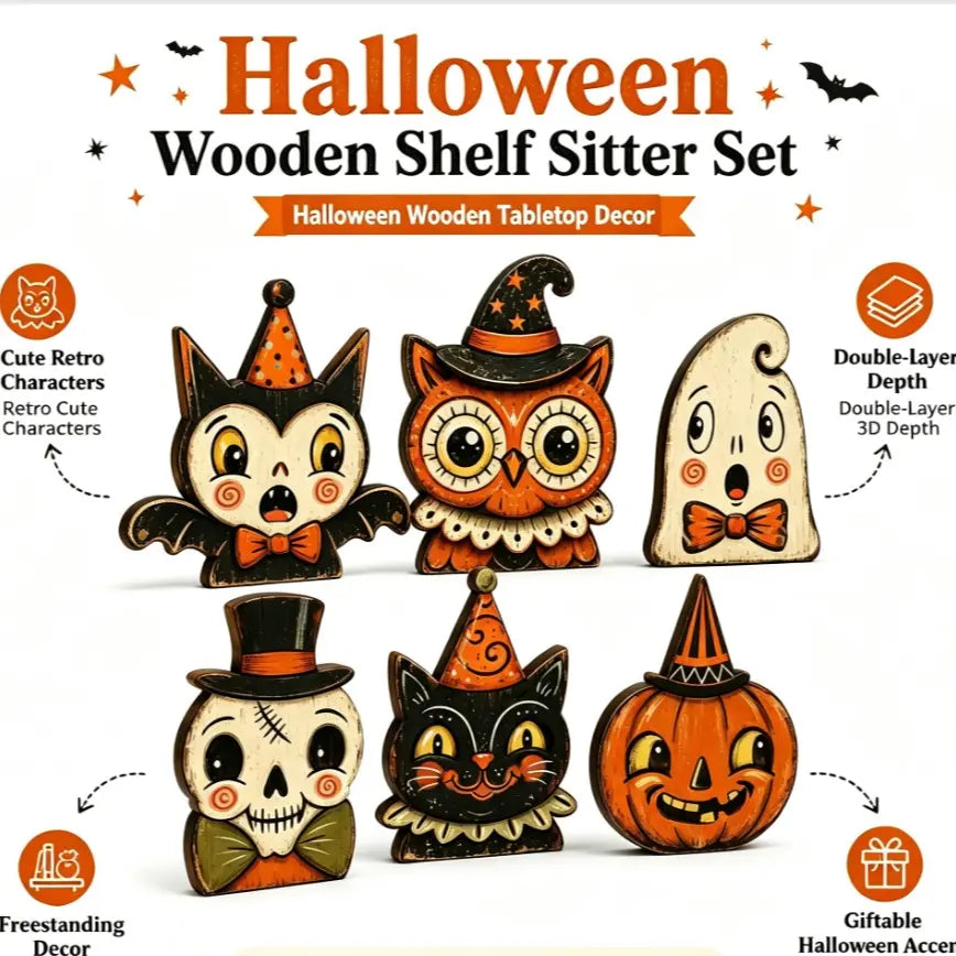 6PCS Halloween Wooden Shelf Sitter Set – Cute Ghost, Pumpkin & Black Cat Table Decor | Rustic Farmhouse Halloween Tiered Tray Decorations | Fall Home & Office Party Display