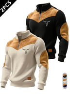 Men's Half-Zip Stand Collar Knit Top, Suede Texture Shoulder Patches, Bull Head Print, Slim Fit, Retro American Style, Casual Wear, Knitwear