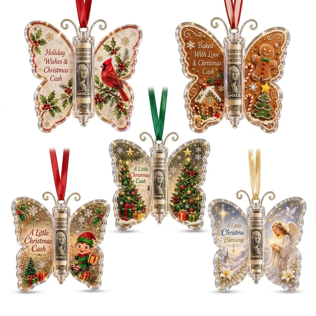 Christmas Cash Gift Ornament - Butterfly Money Holder with Acrylic (5Pcs/1 Set) Clear cash display with transparent holder, a creative Christmas gift idea for holiday tree hanging ornament decor (Peel Off Protective Film for Crystal Clear View)