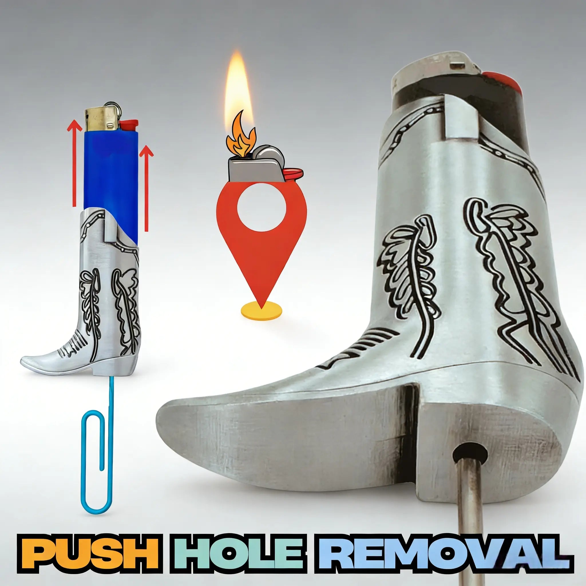 Silver Metal Cowboy Boot Lighter Case - Accessory for Mini Bic J5, Stylish Lighter Cover, Ideal for Home or Everyday Carry, Lighter Covers