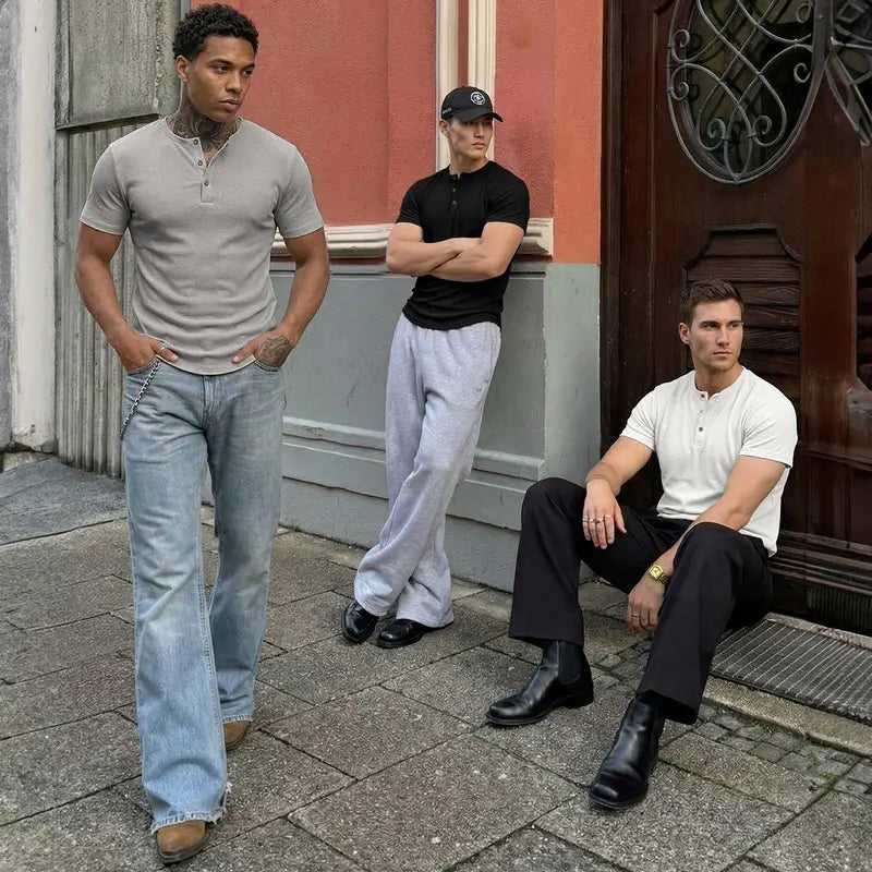 JMIERR Men's Plain Muscle Slim Fitted Henley Shirts Crewneck Longline T-Shirt Gym Workout Athletic Shirt Tees with Button Menswear Casual Tops,Men's Classic Streetwear Clothing for Daily Wear,Fall Fashion Outfits 2026