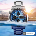SKMEI Luxe Men's Casual Trendy Wristwatch - 2-Tone Stainless Steel Analog-Digital, 3 Time Zones, Illuminated Screen, Backlight, Alarm, Waterproof Chronograph Watch, Birthday Gift for Him