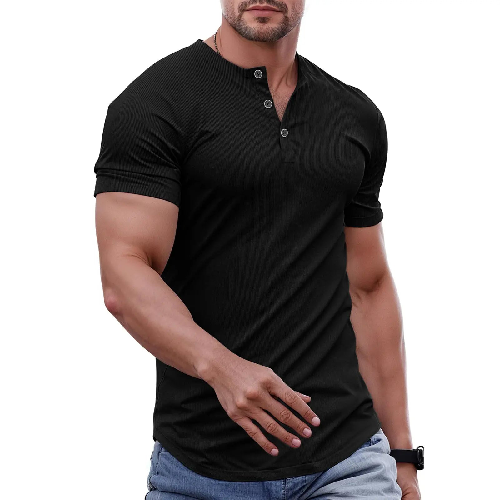 Men's Slim Fit Henley Athletic Longline Workout T-Shirt Heavyweight Stretch